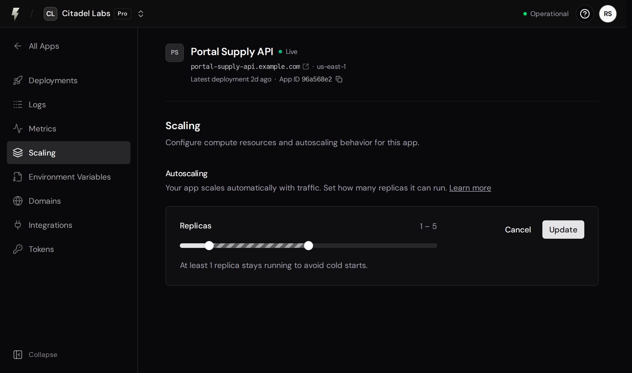 Pro autoscaling settings with minimum and maximum slider handles set to 1 and 5 replicas and an Update button