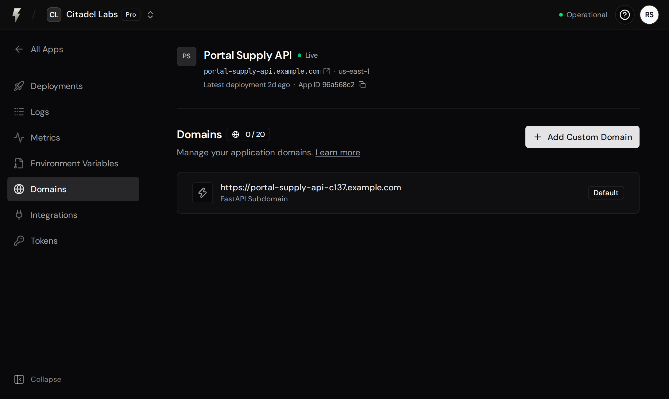 Domains page showing the default app domain and Add Custom Domain button