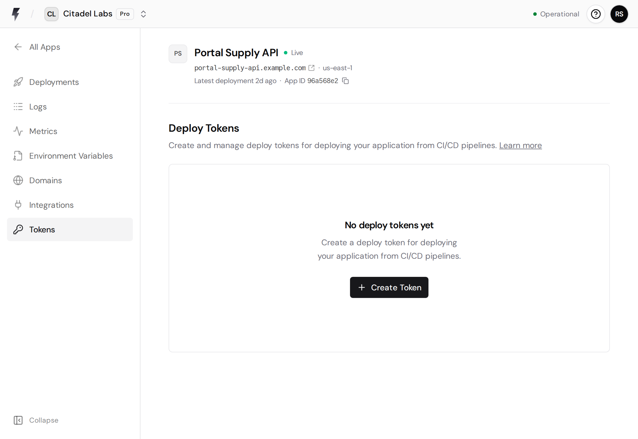 Deploy Tokens page with no tokens yet and the Create Token button