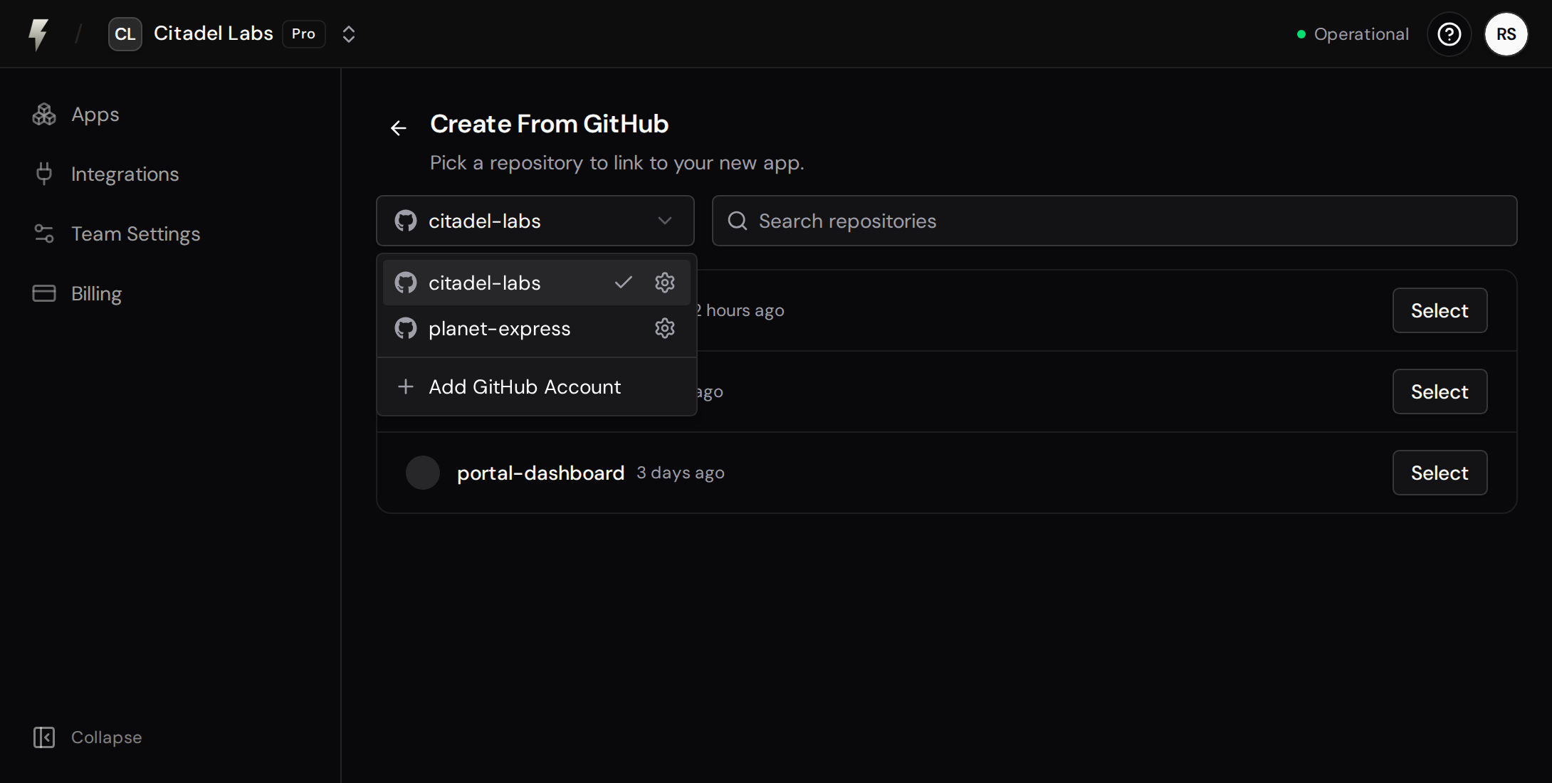 GitHub account selector with available organizations and the Add GitHub Account option.